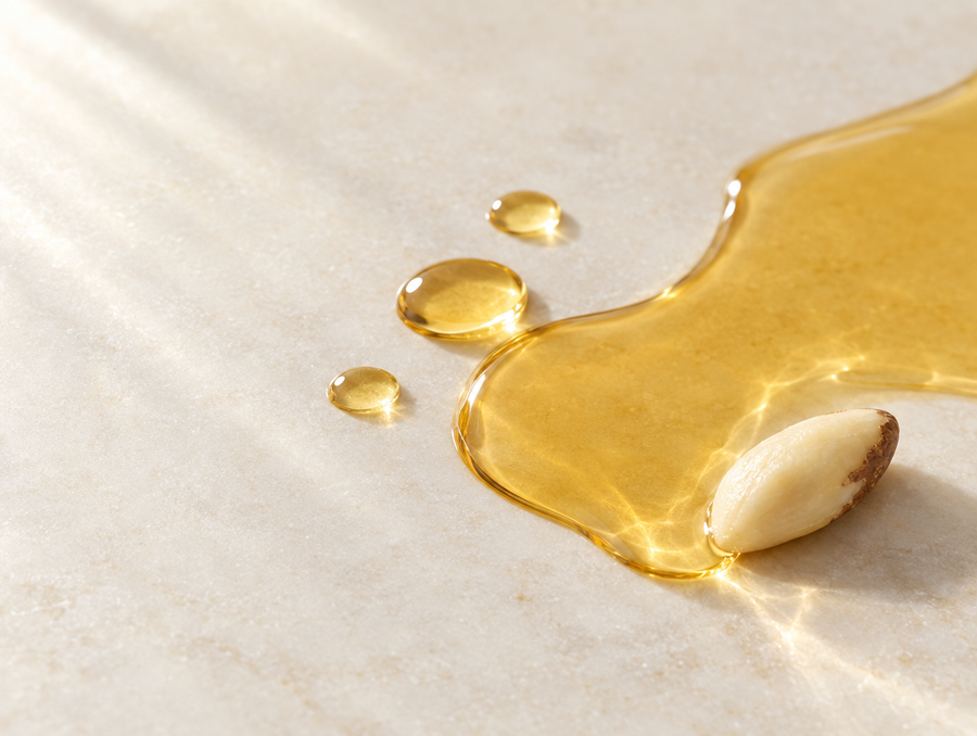 Golden oil on pale stone with a Brazil nut kernel