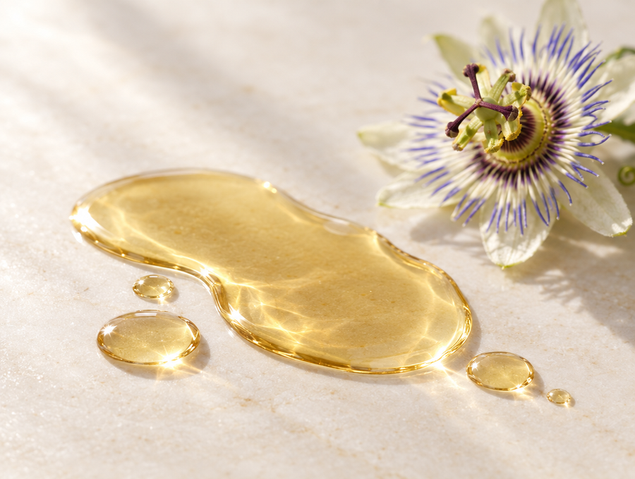 Golden oil on pale stone beside a passionflower blossom