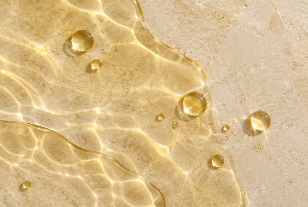 Golden oil droplets on pale stone