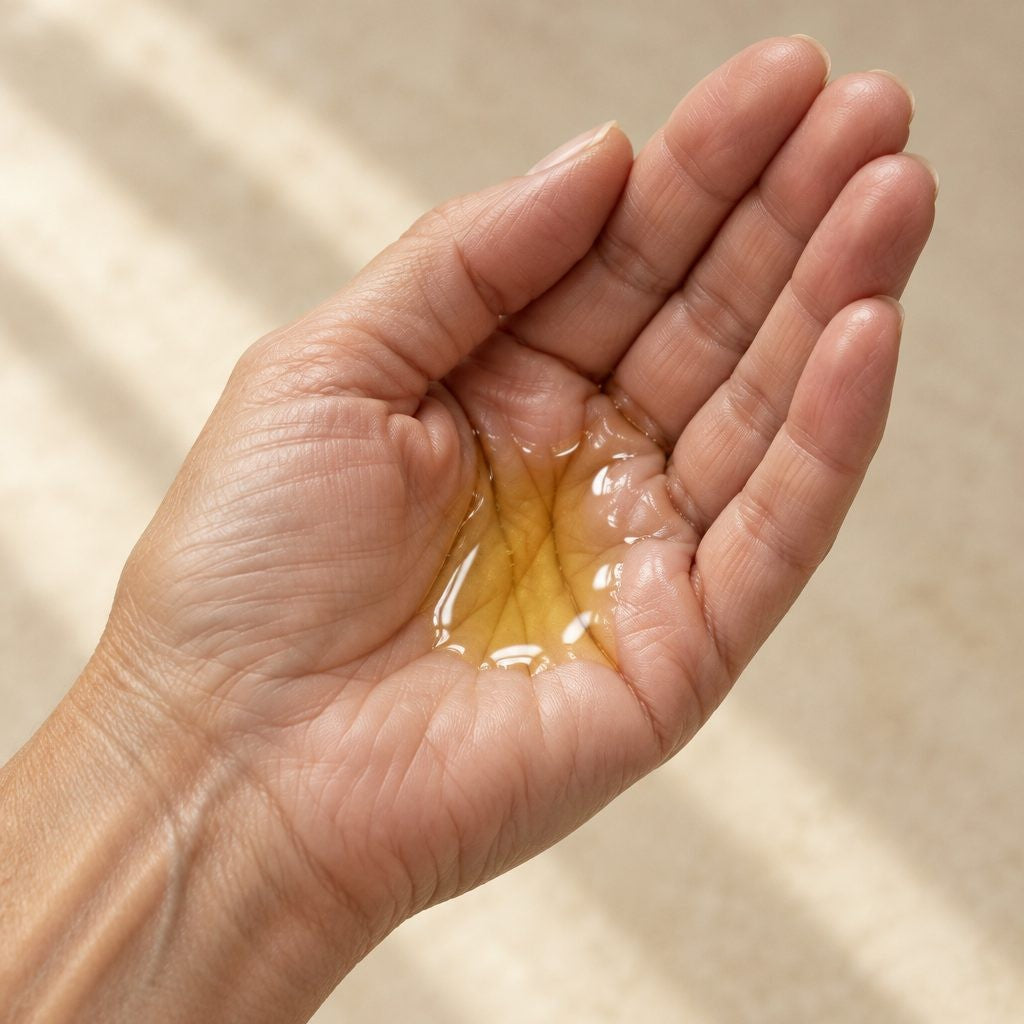 A small pool of golden body oil in an open palm