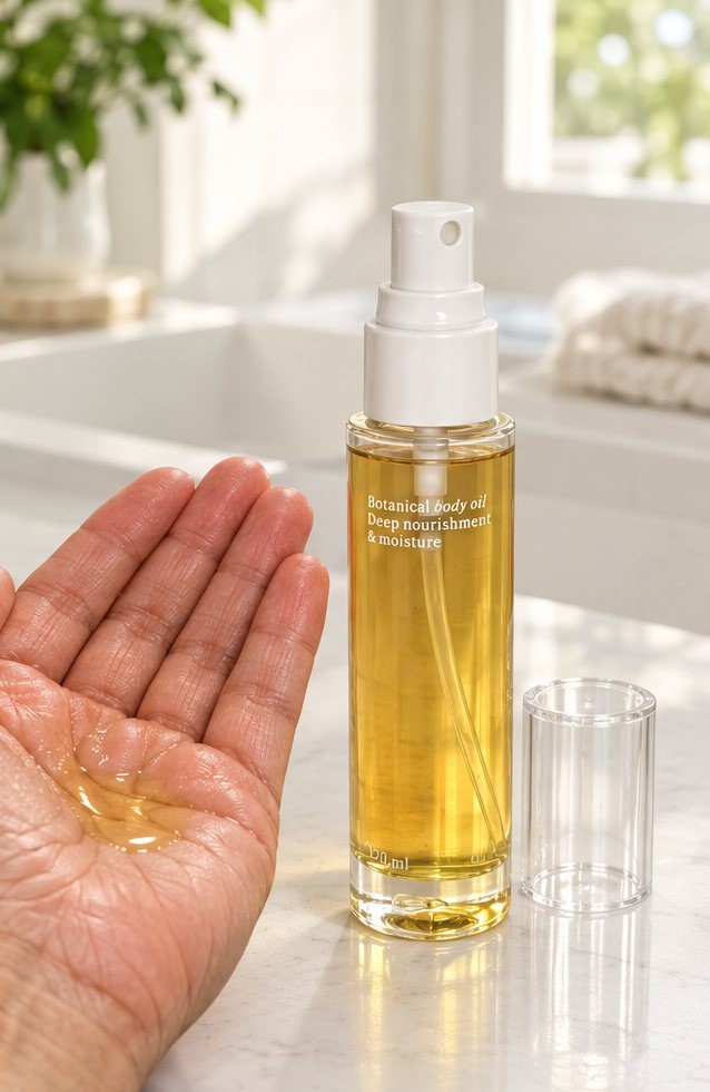 Two pumps of oil in an open palm beside the bottle