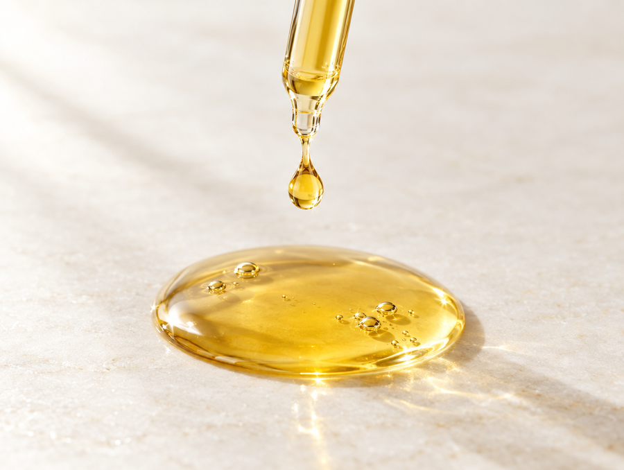 A glass dropper releasing a drop of golden oil