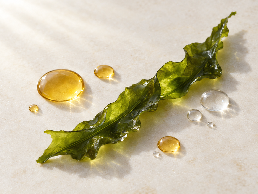 A wakame seaweed frond with drops of golden oil